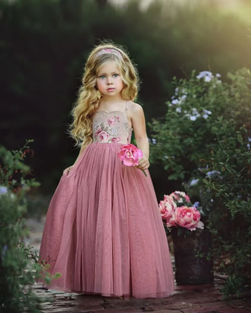 2019 Yeni Prenses Elbise Çocuk Kız Pembe Dantel Çiçek Strappy Elbise Maxi Uzun Prenses Parti Çocuk Yaz Balo Resmi Elbise Görüntü  4