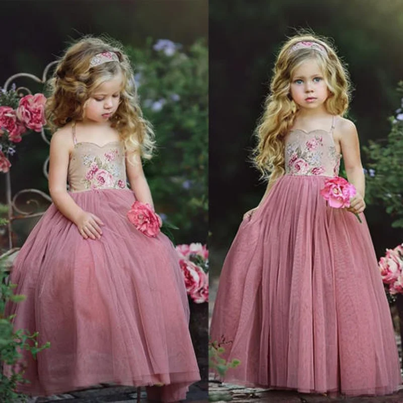 2019 Yeni Prenses Elbise Çocuk Kız Pembe Dantel Çiçek Strappy Elbise Maxi Uzun Prenses Parti Çocuk Yaz Balo Resmi Elbise Görüntü  5