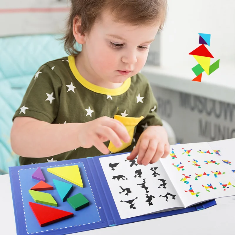 Manyetik Tangram Bulmaca Kitap Eğitici Oyuncaklar Çocuklar İçin Taşınabilir bebek oyuncakları Çocuk Montessori Öğrenme Zeka Yapboz Ahşap Görüntü  1
