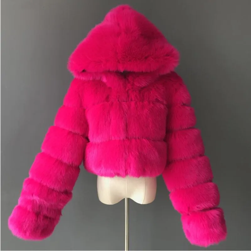 UHYTGF kışlık kürk palto Kadın Giyim Kısa Kapşonlu Faux Kürk Ceket Patchwork Taklit Tilki Saç Ceket Kadın manteau Femme 940 Görüntü  4