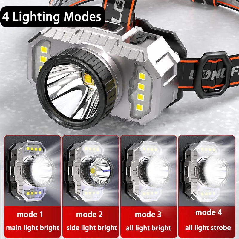 Süper parlak LED Far 4 Modu USB Şarj Su Geçirmez Far Açık Kamp Uzun Ömürlü dahili 18650 pil ile Görüntü  3