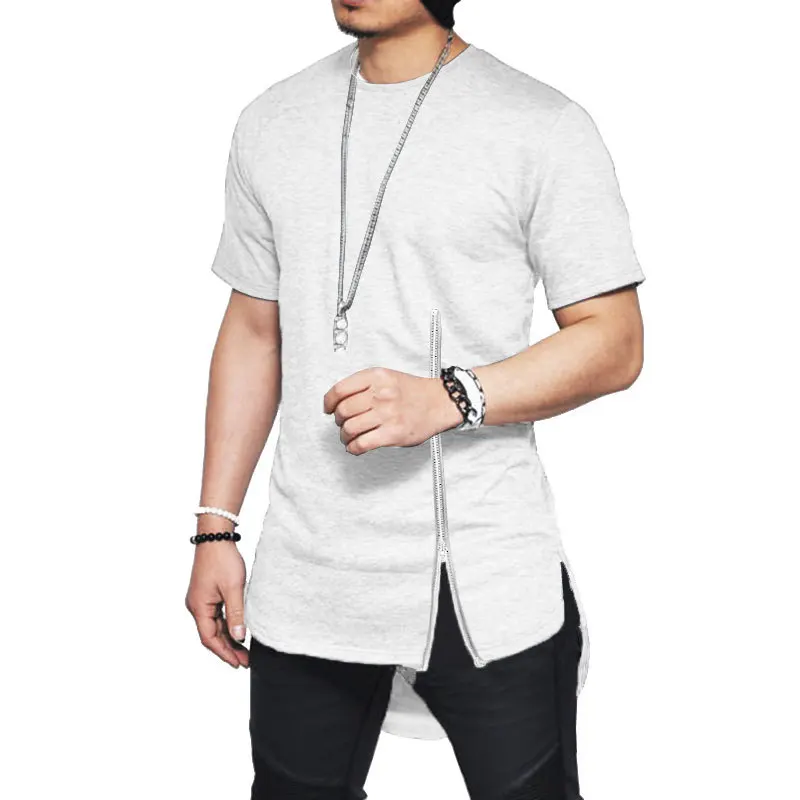 Streetwear Moda İnce Yaz Asimetrik Erkekler Kısa Kollu fermuar tshirt Moda Hip-Hop Kavisli hem Pamuklu erkek tişörtleri Görüntü  0