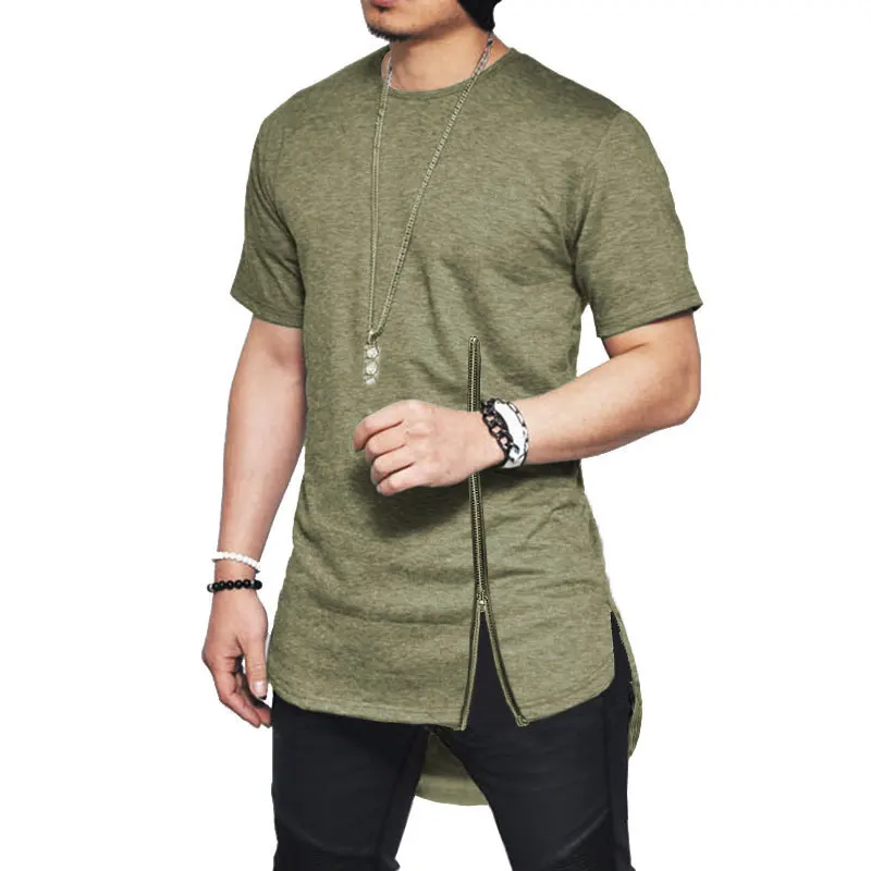 Streetwear Moda İnce Yaz Asimetrik Erkekler Kısa Kollu fermuar tshirt Moda Hip-Hop Kavisli hem Pamuklu erkek tişörtleri Görüntü  2