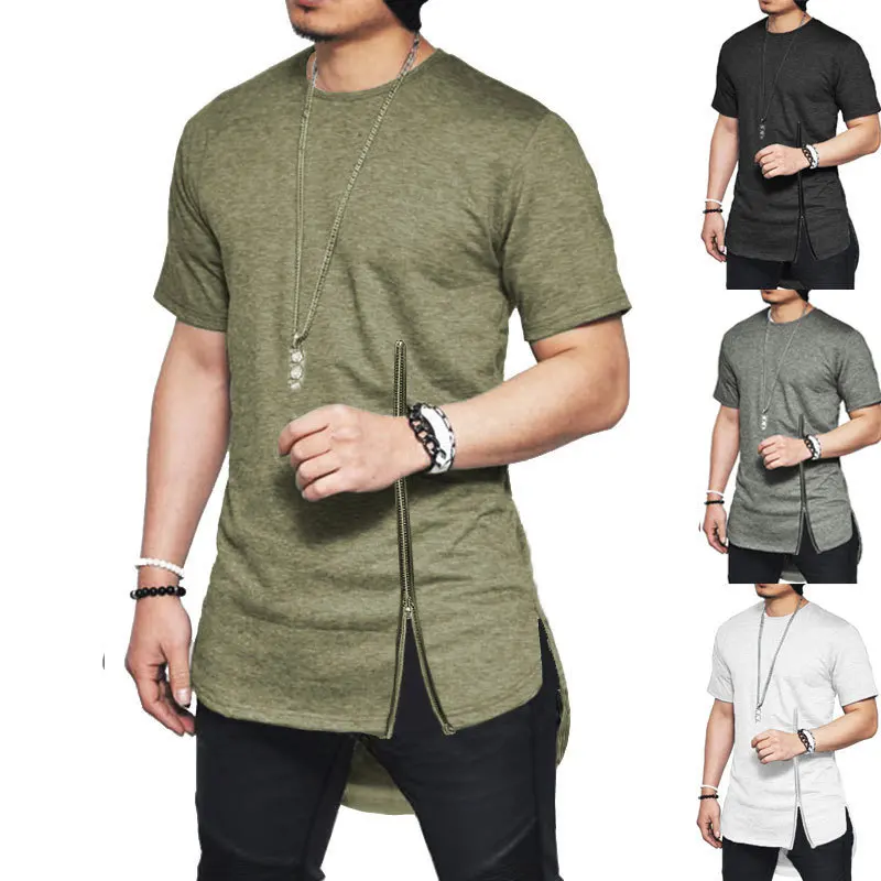 Streetwear Moda İnce Yaz Asimetrik Erkekler Kısa Kollu fermuar tshirt Moda Hip-Hop Kavisli hem Pamuklu erkek tişörtleri Görüntü  4