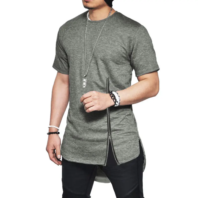 Streetwear Moda İnce Yaz Asimetrik Erkekler Kısa Kollu fermuar tshirt Moda Hip-Hop Kavisli hem Pamuklu erkek tişörtleri Görüntü  5