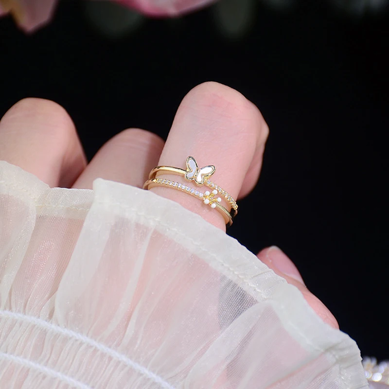 Kore Mizaç Küçük İçi Boş Kelebek Yüzük Kadınlar için İnci Çiçek Açık Tasarım Ayarlanabilir Yüzük Düğün Günlük Mücevher Hediye Görüntü  0