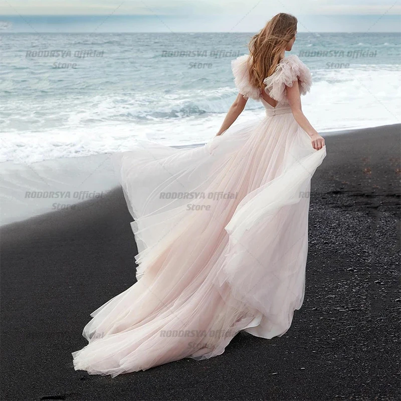 Plaj Prenses düğün elbisesi Pembe Kısa Kabarık Kollu gelinlikler Backless Boho Gelinlikler Gelin Vestido De Novia Görüntü  0