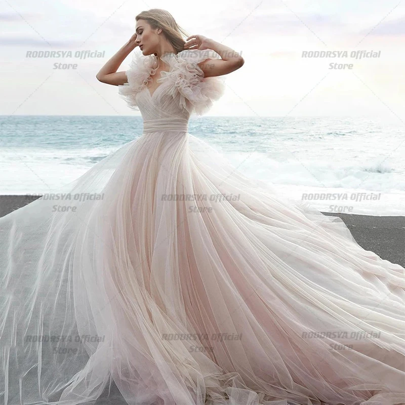 Plaj Prenses düğün elbisesi Pembe Kısa Kabarık Kollu gelinlikler Backless Boho Gelinlikler Gelin Vestido De Novia Görüntü  2