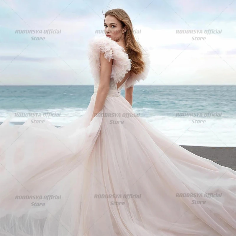 Plaj Prenses düğün elbisesi Pembe Kısa Kabarık Kollu gelinlikler Backless Boho Gelinlikler Gelin Vestido De Novia Görüntü  3