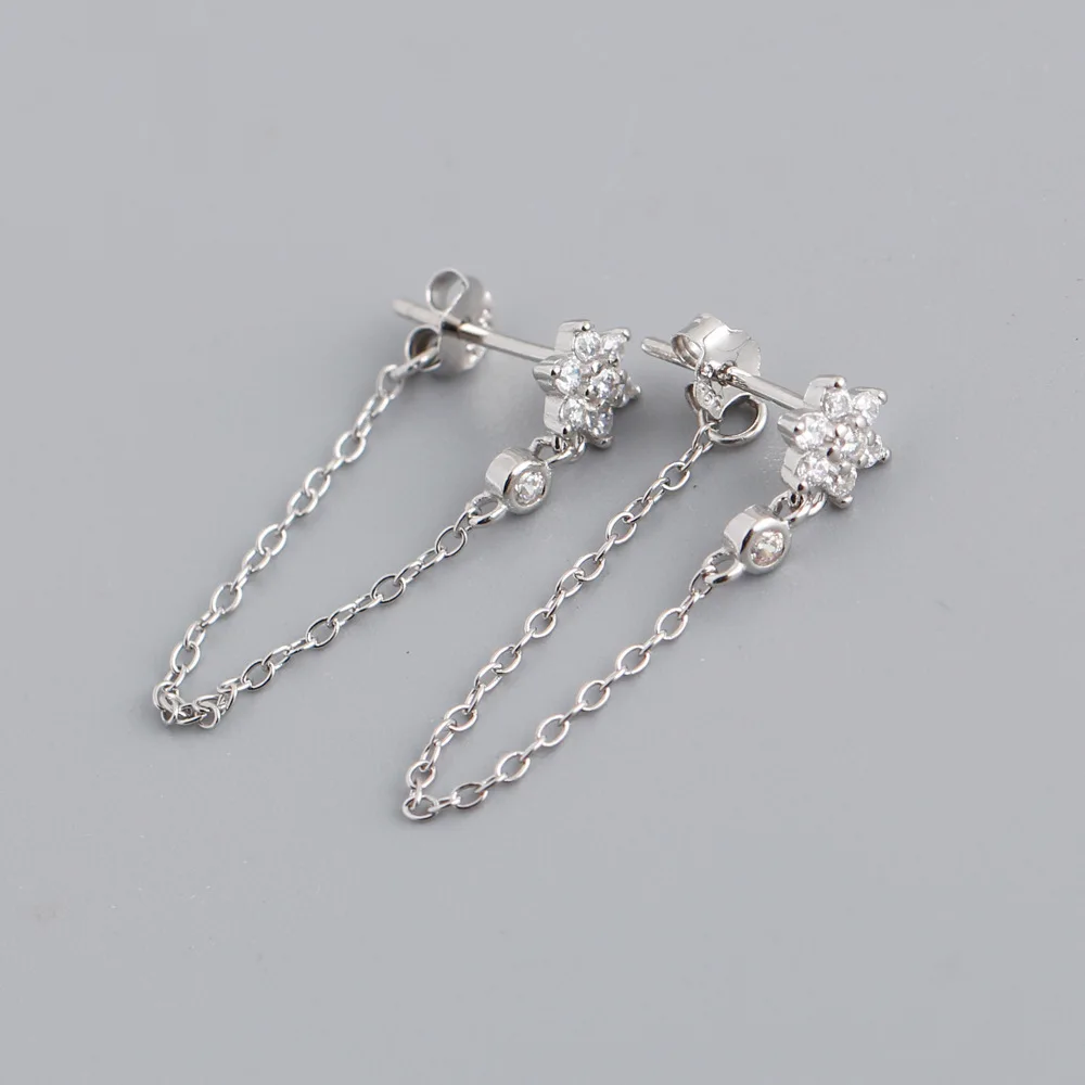 WOOZU 925 Ayar Gümüş Klasik Sevimli Çiçek Parlak Zirkon Link Zinciri Bırak Küpe Kadınlar için Parti Bohe Chic Charm Takı Hediye Görüntü  5