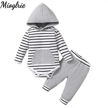0-18 Ay Yenidoğan Erkek Bebek Kız 2 adet Giysi Set Uzun Kollu Hoodie Çizgili Tulum Pantolon Yürümeye Başlayan Çocuk Kıyafet Bebek Kostüm