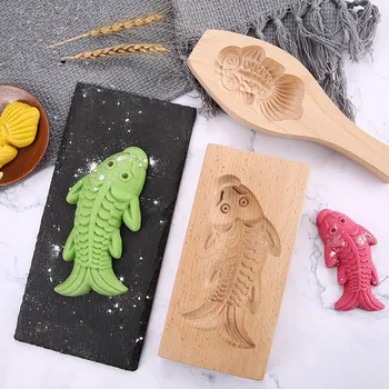 1 ADET Ahşap El Basınç Fondan Ay 3D Balık Mooncake Kalıp Kek Kalıp DIY Pişirme Aksesuarları Kek Kesici Kalıp