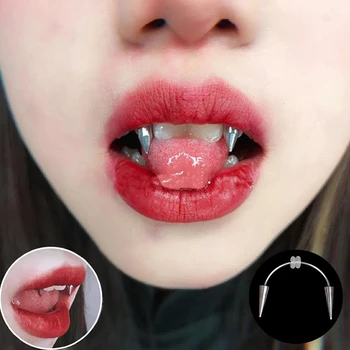 1 ADET Vampir Dişleri Dracula Tırnak Cerrahi Çelik Gülen Piercing Takı Septum Piercing Vücut Süslemeleri Zombi Diş Hiphop / Kaya