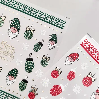 1 Sayfalık 5D Gerçekçi Kabartma Yeşil Kırmızı Kafes Noel Baba Noel Elemanları Yapışkanlı Nail Art Etiketler Çıkartmaları Manikür Takılar