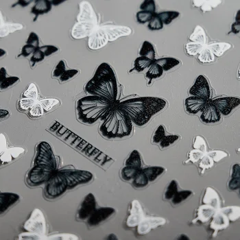 1 Sayfalık 5D Yeni Zanaat Kelebek Tasarım Nail Art Sticker Ultra İnce Sert Büyük Çıkartması Siyah / Beyaz 3D Manikür Sanat Süslemeleri Kaymak