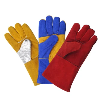 1 Çift kaynak eldiveni 35 * 15cm Sarı/kırmızı / mavi İsıya Dayanıklı BARBEKÜ / Fırın / MIG / TIG Deri Erkek / Kadın Kaynakçı Eldivenleri