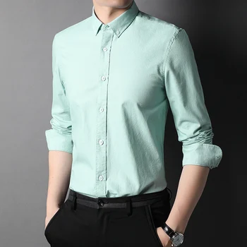 100 % Pamuk Yeni Moda Marka Tasarımcısı Düğme Aşağı Erkek Gömlek Slim Fit Düz Renk Rahat Lüks Uzun Kollu Erkek Giyim