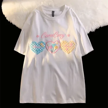 %100 Pamuklu T Shirt Yaz Kore Estetik 3D Kalp Baskılı Kadın Tshirt Tatlı Sevimli Büyük Boy Tee Kısa Kollu Üst Kızlar gençler