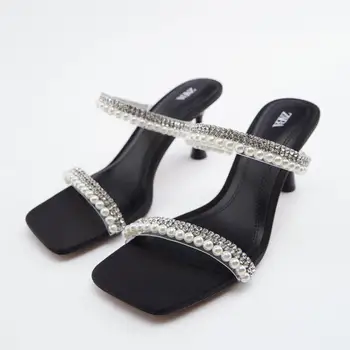 116877 Yeni kadın ayakkabısı Kare burnu açık Şeffaf PVC Taklidi İnci Yüksek topuklu Sandalet Küçük Topuklu Büyük Siyah Topuklu
