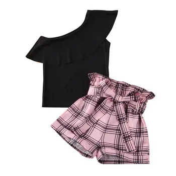 2-7Y Bebek Kız Giysileri Setleri Kız Bir Omuz Ruffles T Shirt Yenidoğan Üstleri Toddler Ekose Baskı Yay Şort 2 adet