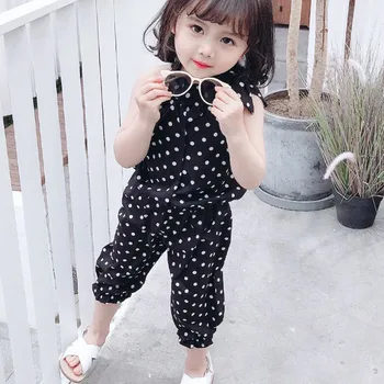 2 ADET Bebek Kız giyim setleri Yaz Kolsuz Polka Dot Çocuk Kız Elbise Setleri Şifon Gömlek + Pantolon Kıyafetler Çocuk Takım Elbise