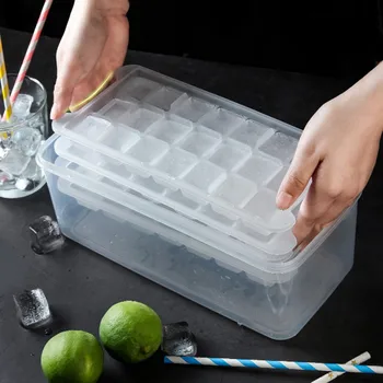 2 Katmanlı 64-Girds Buz küpü Tepsi Seti Ve Kutusu Kolay Bırakma Yeniden Kullanılabilir Buz Kepçe Buz Küpü Kalıp Buz kutu konteyner Dondurucu için