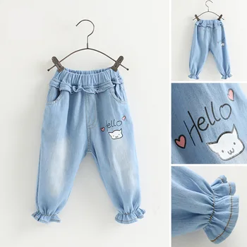 2020 Yeni Varış Kız Moda Kot Karikatür Piggy Mektup Merhaba Moda Çocuk Giysileri Pantolon Marka Giyim