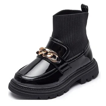 2021 Metal Zincir Kız Erkek Moda Botları PU Deri Örgü Patchwork Çocuklar üzerinde Kayma Çorap Ayakkabı Anti Kayma Çocuk yarım çizmeler