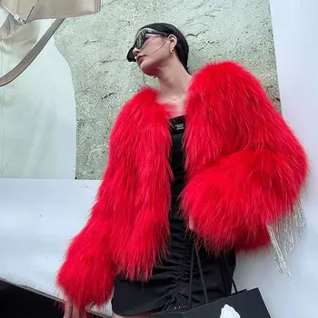 2021 Moda Örgülü ArtificialFur Ceket Kadın Kış Payetli Püskül Palto Yüksek Kaliteli Suni Kürk Ceket