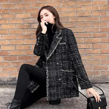 2021 Sonbahar Kış Yün Ceket Yeni Bayanlar Gevşek Ekose Trençkot Kadın Tüvit Blazer Vintage Kruvaze Siyah Giyim