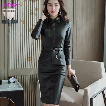 2021 sonbahar yeni Kore kadın moda mizaç yaka tek göğüslü İnce PU deri uzun kollu elbise Sashes