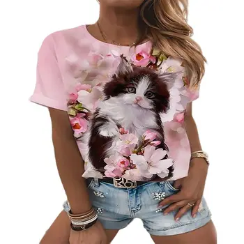 2021 yeni hayvan kedi desen 3D baskı sanat gömlek T-shirt yaz rahat moda kısa kollu bol tişört giyim