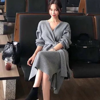2021 Zarif Bandaj V Yaka Bel İnce Uzun Kazak Elbise Vintage Sıcak Sonbahar Kış Örme Kazak Kadınlar Tek Parça Elbise Femme