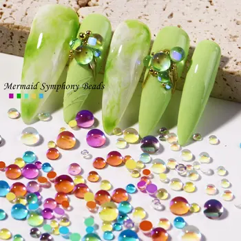 2021 Şeker Renkler Karışık 300 ADET Boyutu Mermaid Yuvarlak Cam kristal boncuklar AB 3D Nail Art Rhinestones DIY Flatback Akrilik tırnak dekor