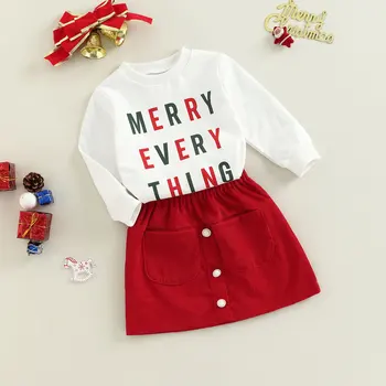 2022-08-23 Lioraitiin 0-5Years Toddler Bebek Kız 2 Adet Noel Giyim Seti Uzun Kollu Mektup Baskılı Üst Kazak Kırmızı Etek