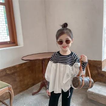 2022 Bahar Kız Kore Tarzı Çizgili Seti Çocuklar Uzun kollu Üst + Çan Alt İki parçalı Kız Toddler Moda Tatil Giyim