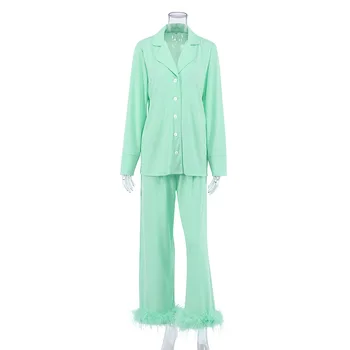 2022 Bahar Yeni Moda Kadınlar İçin Pijama Pamuklu Pijama Seti Yeşil Tüy Dekorasyon Örgü Kıyafeti Rahat Bayanlar Ev Giyim