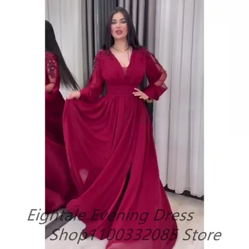2022 Eightale Bordo Şifon Bir Çizgi Uzun Kollu Arapça Akşam Elbise Düğün için V Boyun Balo Abiye Örgün Ünlü Elbise
