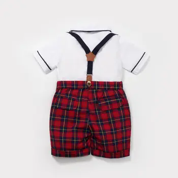 2022 Erkek Bebek Beyefendi Gömlek Şort Giyim Seti Yaz Çocuk Gömlek Ekose Askı Pantolon 2 adet Takım Elbise Seti