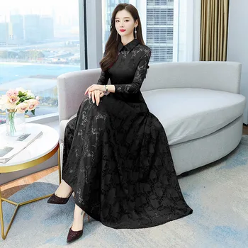 2022 ilkbahar ve Sonbahar Yeni Kore büyük boy ünlü mizaç ince siyah dantel destekli uzun kollu elbise