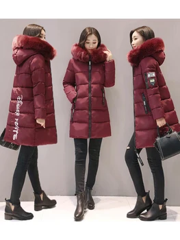 2022 Kadın Kapşonlu Sıcak Pamuklu Ceket kışlık ceketler Büyük Kürk Yaka İnce Orta Uzun Moda Kalın Aşağı Pamuk Parka Kadın