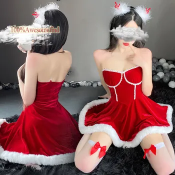 2022 Kadın Noel Noel Bayan Noel Baba Erotik Cosplay Kostüm Seksi Lingeries Egzotik Kış Kürklü Tüp evaze elbise