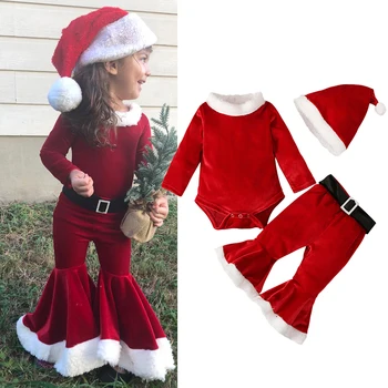 2022 Kızlar Noel Kostüm Uzun Kollu Çan Alt Kadife Takım Elbise Karnaval Parti Noel Baba Kostüm çocuk Merry Christmas Kıyafet