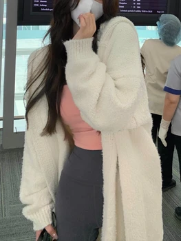 2022 Kış Zarif kapüşonlu süveter Ceket Kadın Kore Moda Dış Giyim Örme Hırka Kadın Y2k Ofis Bayan günlük kıyafetler