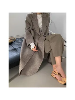 2022 Kış Çift Placket Takım Elbise Yaka El Yapımı High End Yün Ve Tavşan Karışımlı Uzun Ceket Ceket Kadın Gri Yün Palto