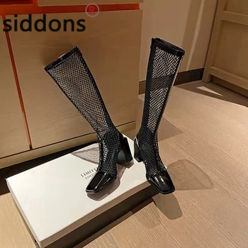 2022 Moda yeni örgü delikli sandalet çizmeler kadın sivri burun kalın topuk topuk sandalet Seksi kadın yüksek topuklu ayakkabı