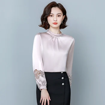 2022 Sonbahar Fener Uzun Kollu Hollow Bluz Kadınlar Ofis Bayan Saten Katı Kazak Gömlek Kadın Zarif Bayan Giyim 11088