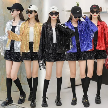 2022 Sonbahar Kış Streetwear Payetli Ceketler Ro kadın Püskül Pullu Ceket Bayan püsküller Ceket bling bling