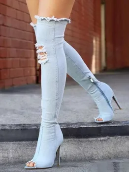 2022 Sıcak Moda Kadın Çizmeler Yüksek Topuklu Bahar Sonbahar Peep Toe Diz Çizmeler Üzerinde Sıkı Yüksek Stiletto Kot Çizmeler