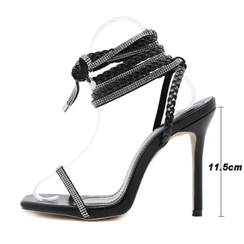 2022 Yaz Kadın yüksek topuklu ayakkabı Seksi Deri Gladyatör Sandalet Moda Siyah Ayak Bileği Kayışı Kristal Burnu açık ayakkabı Sandalias